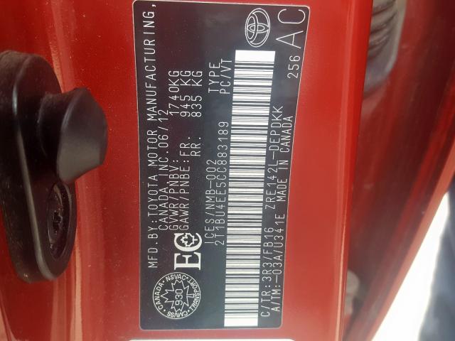 2T1BU4EE5CC883189 - 2012 TOYOTA COROLLA BASE  照片 10