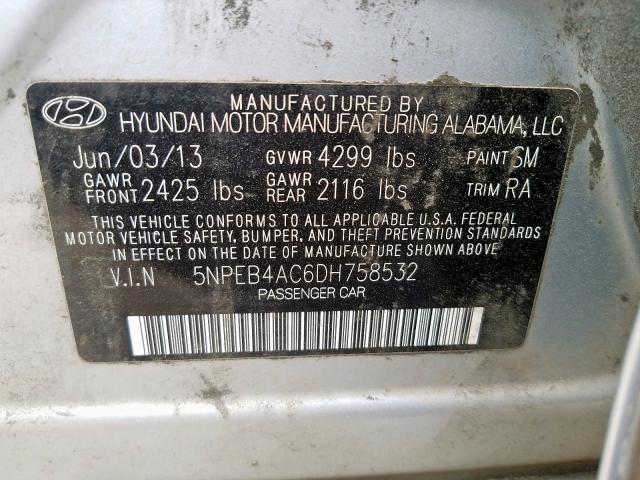 5NPEB4AC6DH758532 - 2013 HYUNDAI SONATA GLS  photo 10