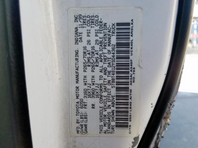 5TBBT4812YS044362 - 2000 TOYOTA TUNDRA ACCESS CAB LIMITED  photo 10