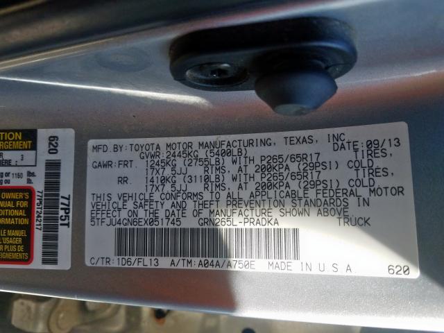 5TFJU4GN6EX051745 - 2014 TOYOTA TACOMA DOUBLE CAB PRERUNNER  photo 10