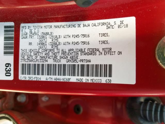 3TMCZ5AN3JM133294 - 2018 TOYOTA TACOMA DOUBLE CAB  照片 10