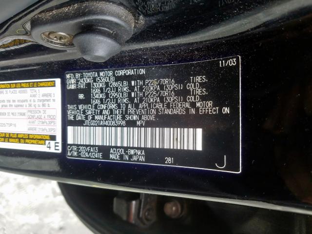 JTEGD21A940083998 - 2004 TOYOTA HIGHLANDER  photo 10