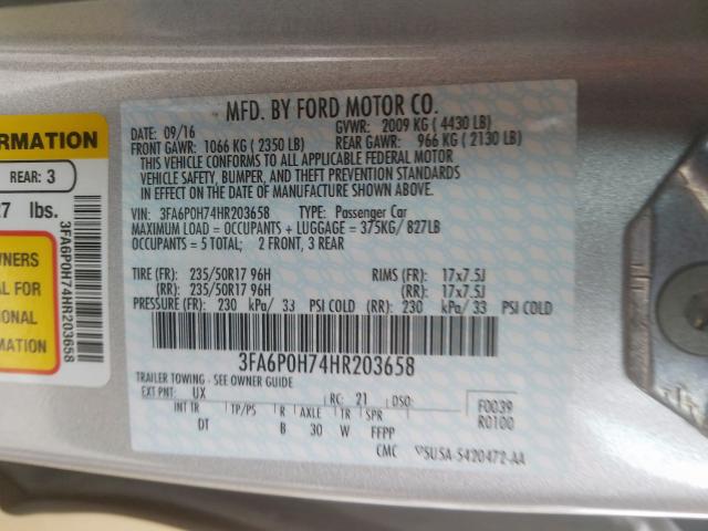 3FA6P0H74HR203658 - 2017 FORD FUSION SE  photo 10