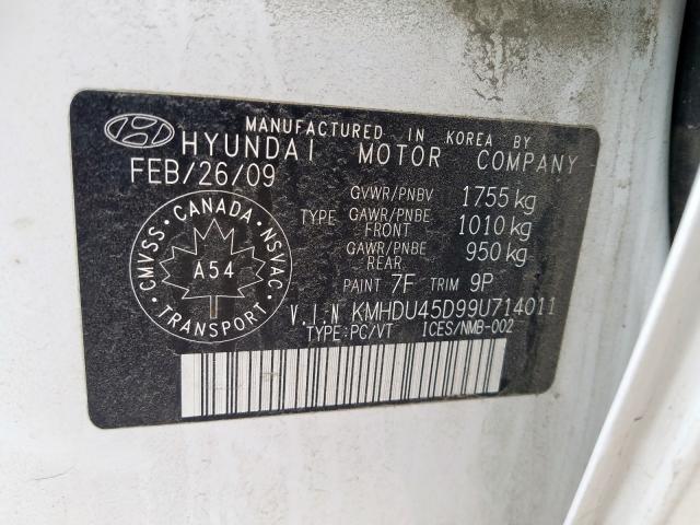 KMHDU45D99U714011 - 2009 HYUNDAI ELANTRA GLS  photo 10