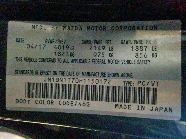 JM1BN1T70H1150172 - 2017 MAZDA 3 SE  photo 10