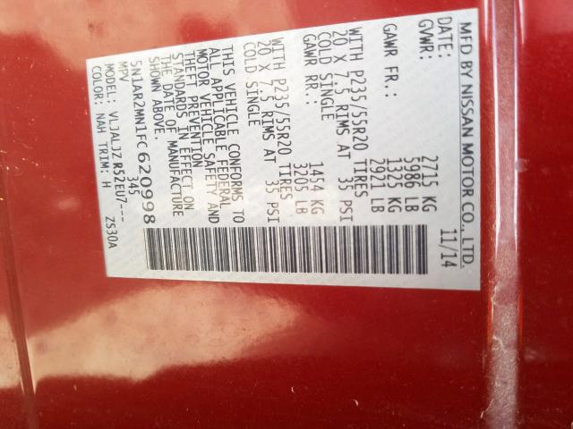 5N1AR2MN1FC620998 - 2015 NISSAN PATHFINDER S  ფოტო 10