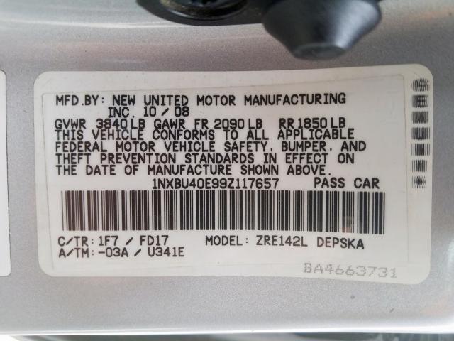 1NXBU40E99Z117657 - 2009 TOYOTA COROLLA BASE  照片 10