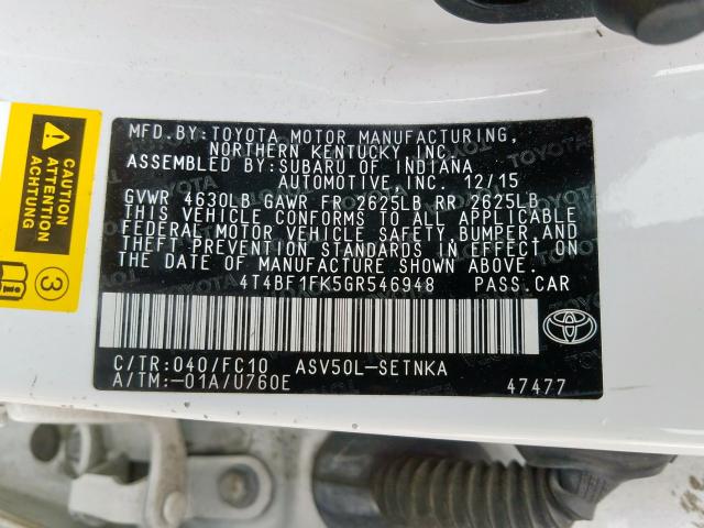 4T4BF1FK5GR546948 - 2016 TOYOTA CAMRY LE  photo 10