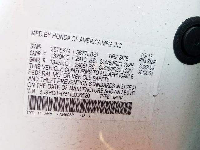 5J8YD4H75HL006520 - 2017 ACURA MDX TECHNOLOGY  photo 10