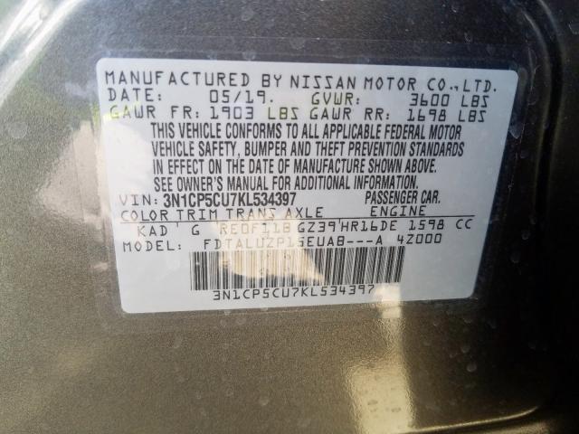 3N1CP5CU7KL534397 - 2019 NISSAN KICKS S  photo 10