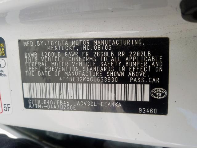 4T1BE32KX6U653930 - 2006 TOYOTA CAMRY LE  photo 10