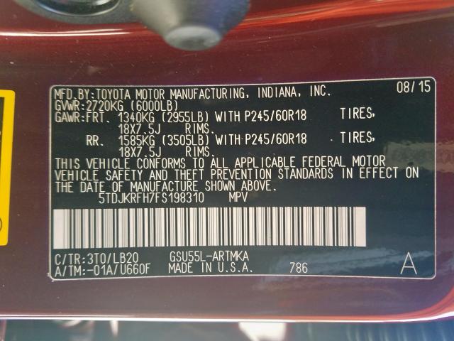 5TDJKRFH7FS198310 - 2015 TOYOTA HIGHLANDER XLE  ფოტო 10