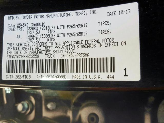 5TFAZ5CNXHX052558 - 2017 TOYOTA TACOMA DOUBLE CAB  照片 10