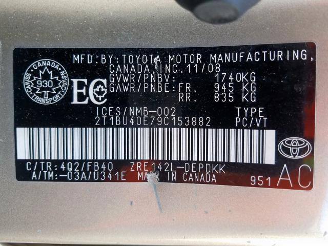 2T1BU40E79C153882 - 2009 TOYOTA COROLLA BASE  photo 10