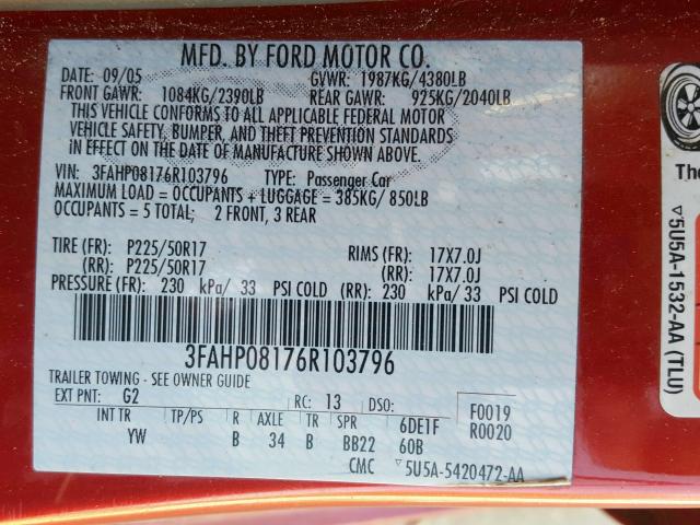 3FAHP08176R103796 - 2006 FORD FUSION SEL  photo 10