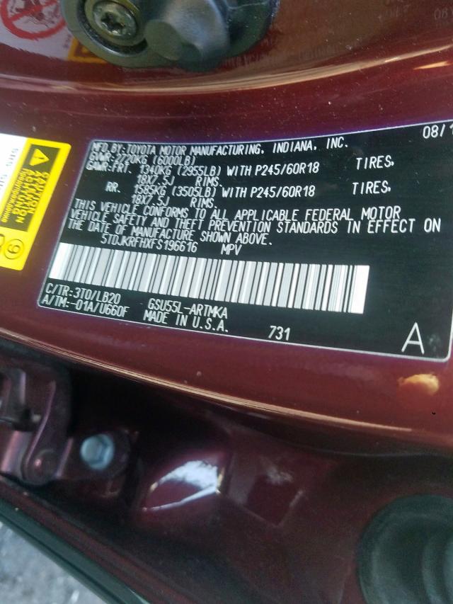 5TDJKRFHXFS196616 - 2015 TOYOTA HIGHLANDER XLE  ფოტო 10