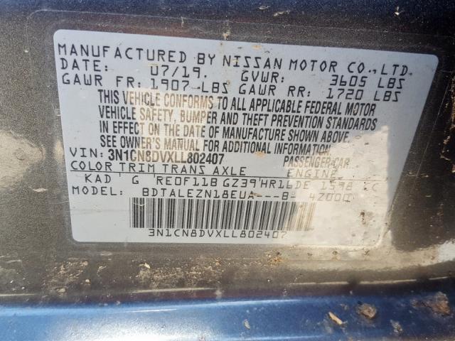 3N1CN8DVXLL802407 - 2020 NISSAN VERSA S  photo 10