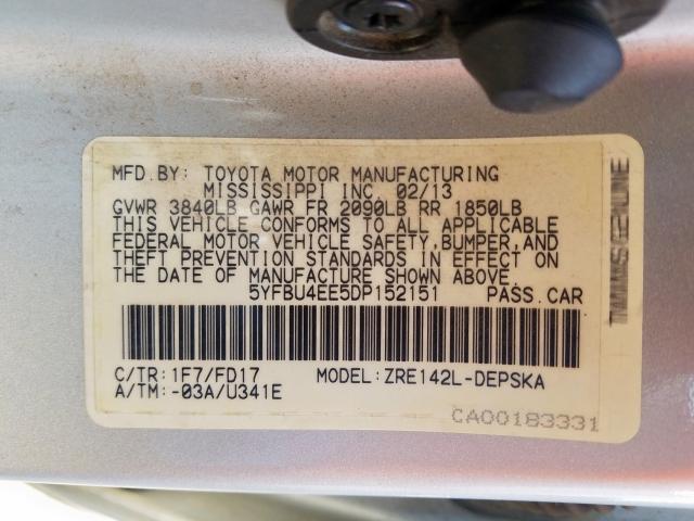 5YFBU4EE5DP152151 - 2013 TOYOTA COROLLA BASE  照片 10