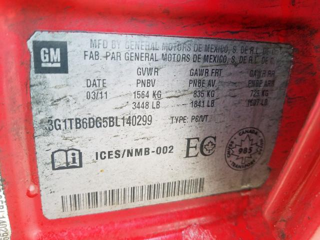 3G1TB6DG5BL140299 - 2011 CHEVROLET AVEO LS  ფოტო 10