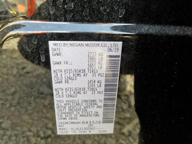 5N1DR2MNXKC643526 - 2019 NISSAN PATHFINDER S  photo 10
