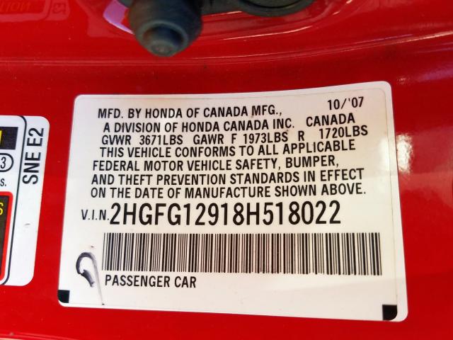 2HGFG12918H518022 - 2008 HONDA CIVIC EXL  照片 10