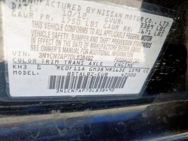 3N1CN7AP7DL838492 - 2013 NISSAN VERSA S  photo 10