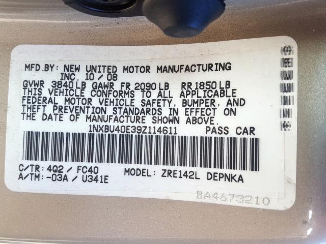 1NXBU40E39Z114611 - 2009 TOYOTA COROLLA BASE  照片 10