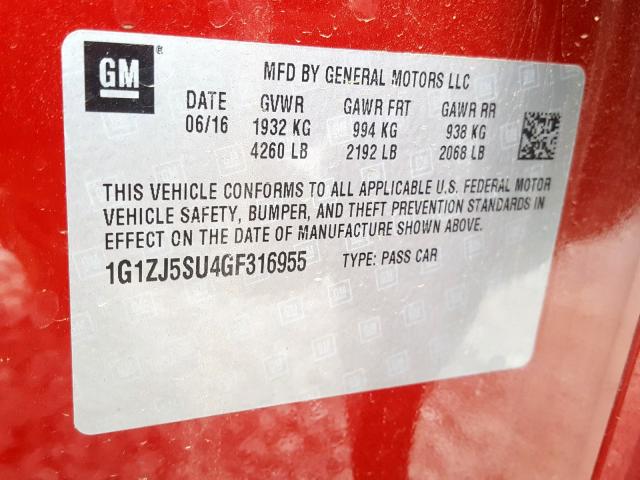 1G1ZJ5SU4GF316955 - 2016 CHEVROLET MALIBU HYBRID  photo 10