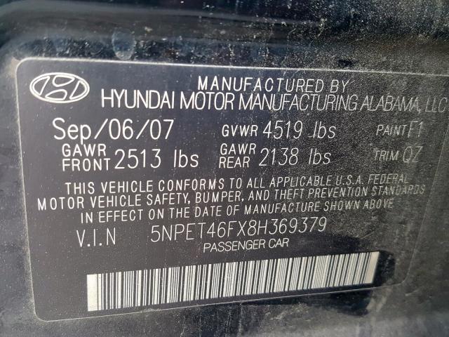 5NPET46FX8H369379 - 2008 HYUNDAI SONATA GLS  photo 10