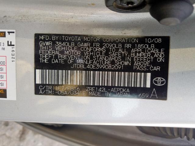 JTDBL40E399082091 - 2009 TOYOTA COROLLA BASE  صورة 10