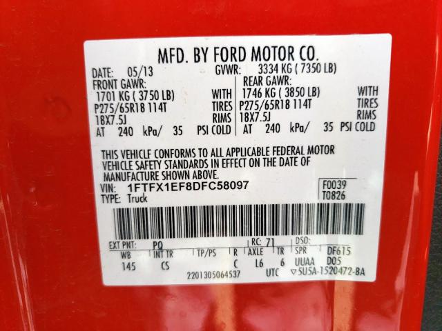 1FTFX1EF8DFC58097 - 2013 FORD F150 SUPER CAB  photo 10