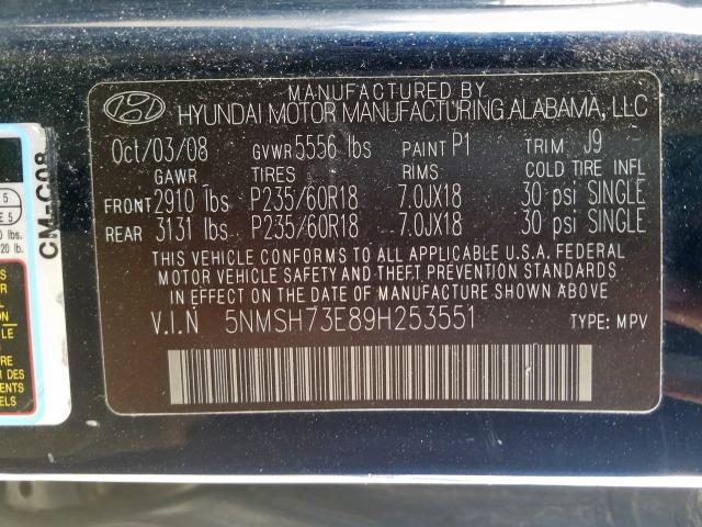 5NMSH73E89H253551 - 2009 HYUNDAI SANTA FE SE  photo 10