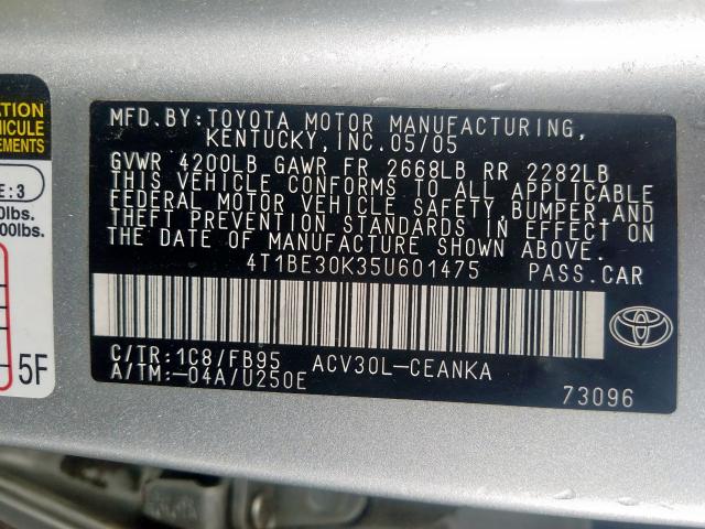 4T1BE30K35U601475 - 2005 TOYOTA CAMRY LE  photo 10