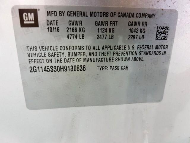 2G1145S30H9130836 - 2017 CHEVROLET IMPALA PREMIER  photo 10