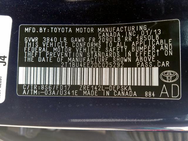 2T1BU4EE2DC025292 - 2013 TOYOTA COROLLA BASE  photo 10