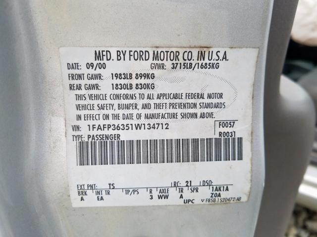 1FAFP36351W134712 - 2001 FORD ford focus  photo 10