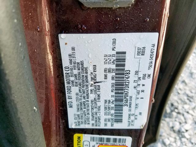 3FA6P0H77DR274783 - 2013 FORD FUSION SE  photo 10