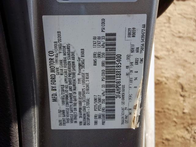 3FAHP081X8R185400 - 2008 FORD FUSION SEL  photo 10