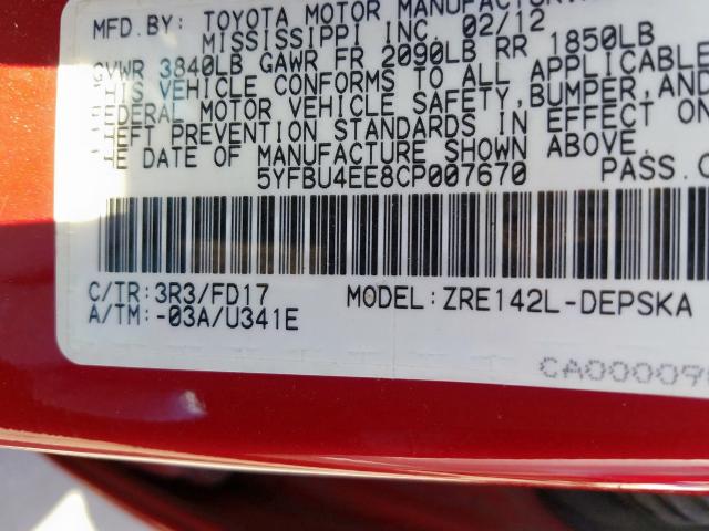 5YFBU4EE8CP007670 - 2012 TOYOTA COROLLA BASE  照片 10