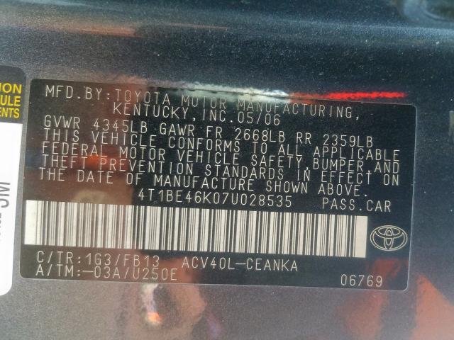 4T1BE46K07U028535 - 2007 TOYOTA CAMRY CE  photo 10