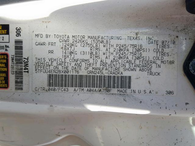 5TFUU4EN2BX001176 - 2011 TOYOTA TACOMA ACCESS CAB  ფოტო 10