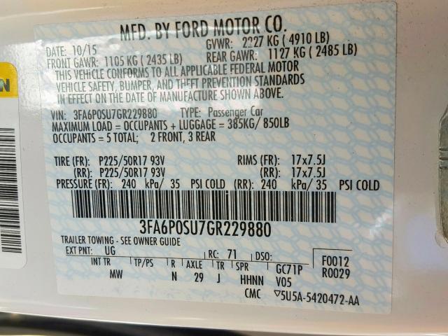 3FA6P0SU7GR229880 - 2016 FORD FUSION TITANIUM PHEV  photo 10