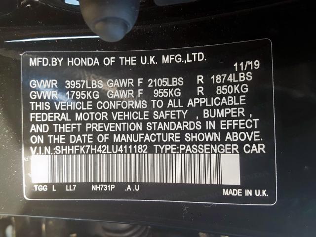 SHHFK7H42LU411182 - 2020 HONDA CIVIC SPORT  照片 10