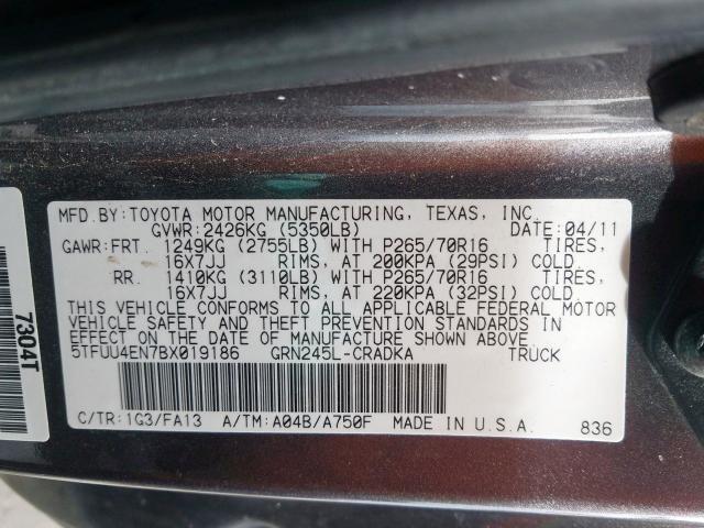 5TFUU4EN7BX019186 - 2011 TOYOTA TACOMA ACCESS CAB  ფოტო 10