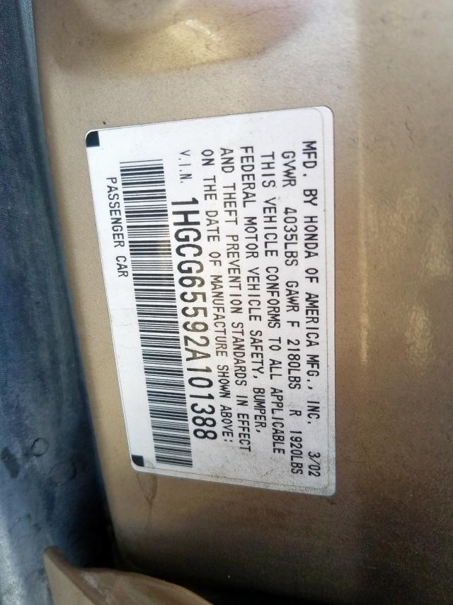 1HGCG65592A101388 - 2002 HONDA ACCORD LX  photo 10