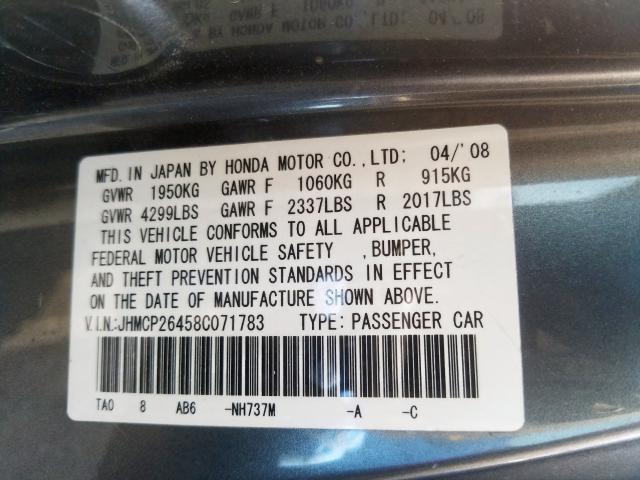 JHMCP26458C071783 - 2008 HONDA ACCORD LXP  photo 10