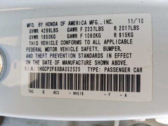 1HGCP2F6XBA052525 - 2011 HONDA ACCORD SE  photo 10