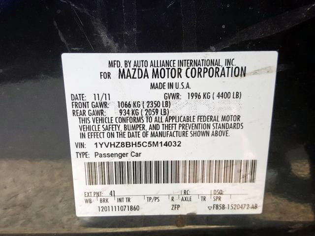 1YVHZ8BH5C5M14032 - 2012 MAZDA 6 I  photo 10