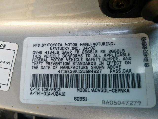 4T1BE32K12U584927 - 2002 TOYOTA CAMRY LE  photo 10