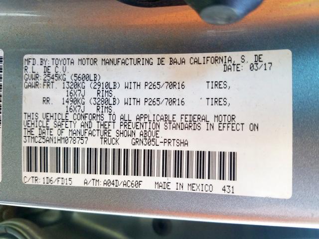 3TMCZ5AN1HM078757 - 2017 TOYOTA TACOMA DOUBLE CAB  照片 10